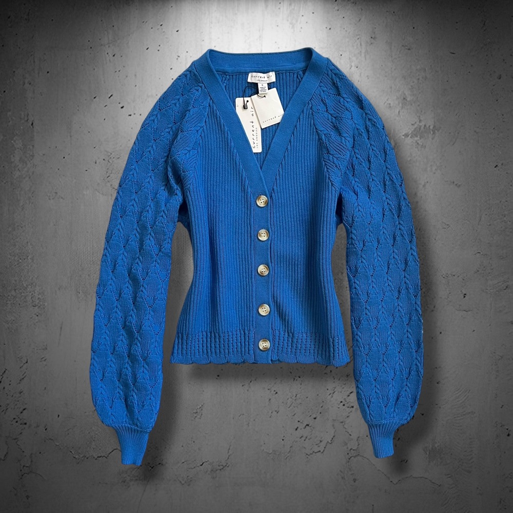 New Current Air Chunky Cable Knit Cardigan Sweater S Blue LS Ribbed Button Up - Picture 1 of 7